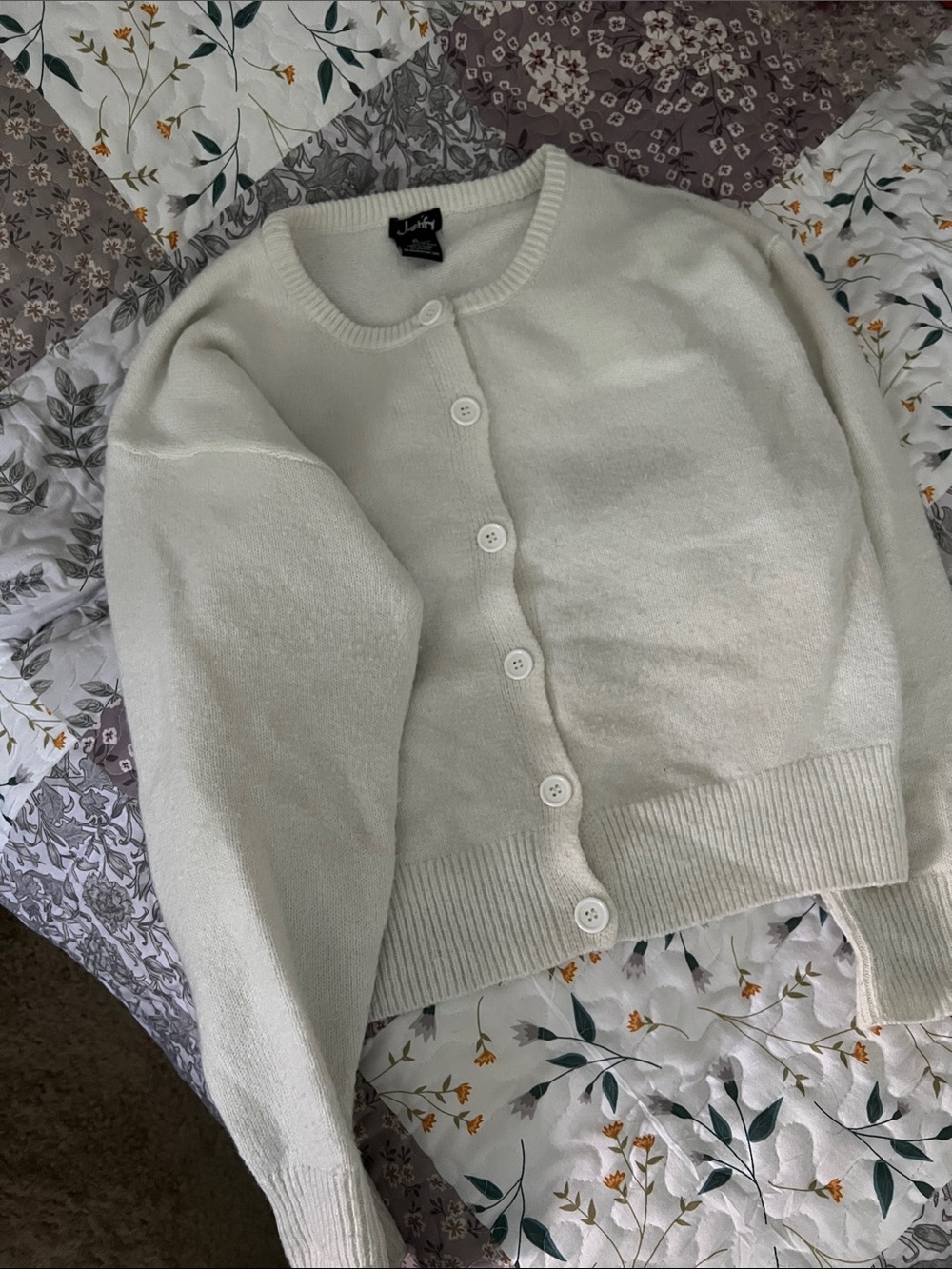 Ivory Button-Front Crewneck Cardigan